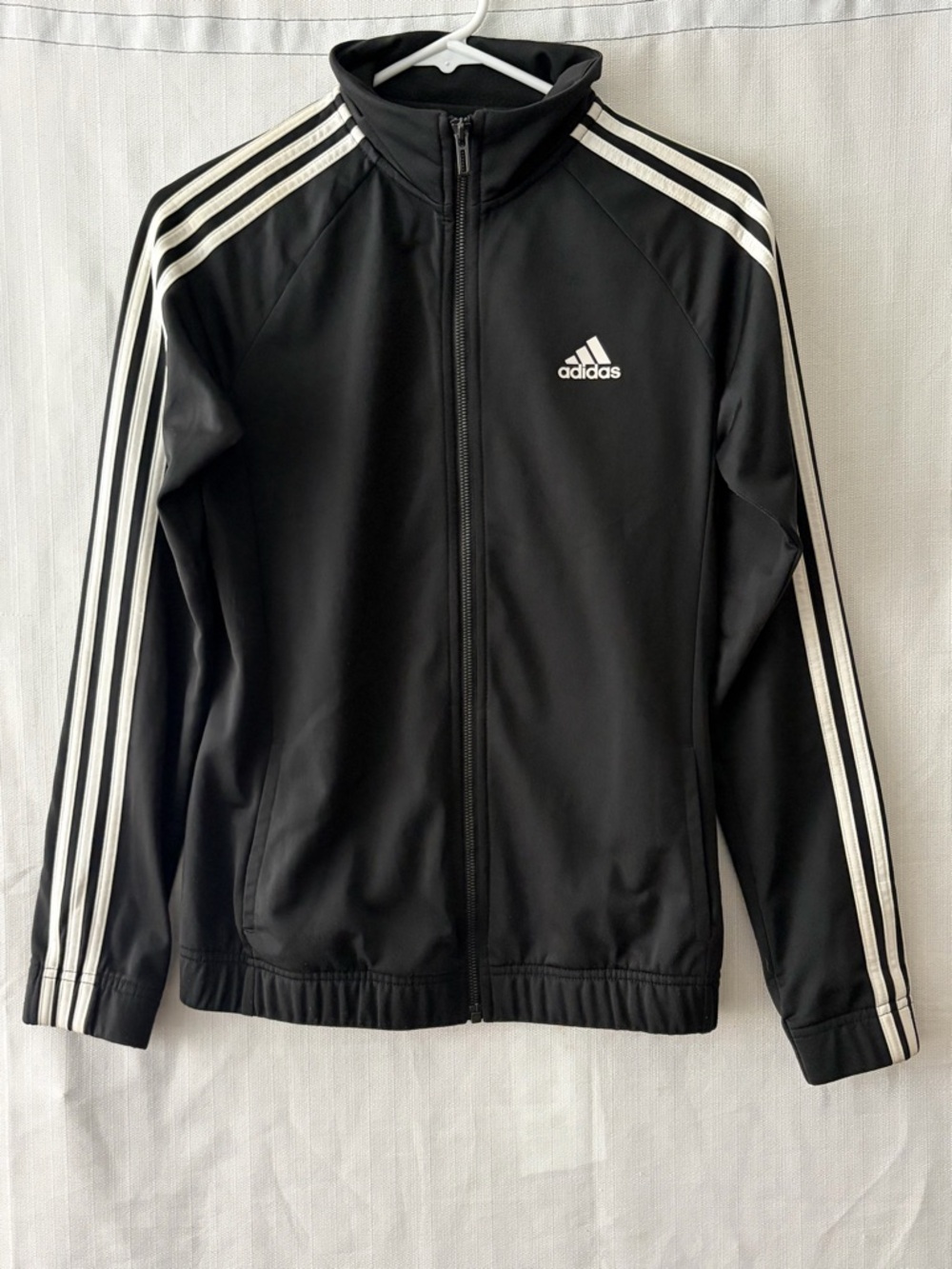 Adidas Black Zip-Up Track Jacket women’s size XS/S White Stripes Athletic(A505)